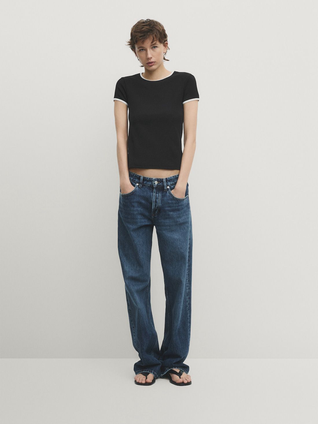 Massimo Dutti Short Sleeve Contrast Women T-Shirt Black | US-AM0945631