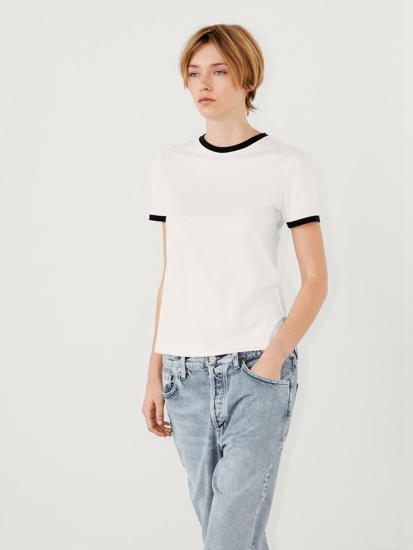 Massimo Dutti Short Sleeve Contrast Women T-Shirt White | US-PH8469271