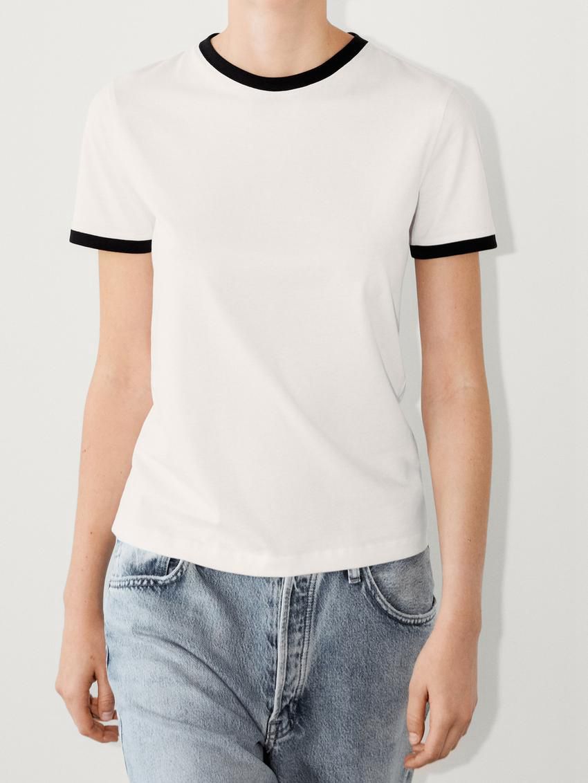 Massimo Dutti Short Sleeve Contrast Women T-Shirt White | US-PH8469271