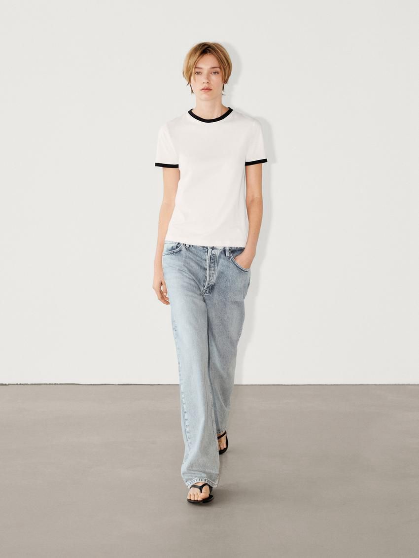 Massimo Dutti Short Sleeve Contrast Women T-Shirt White | US-PH8469271