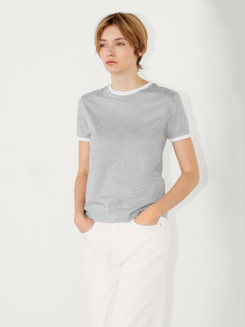 Massimo Dutti Short Sleeve Contrast Women T-Shirt Grey | US-BY8416379