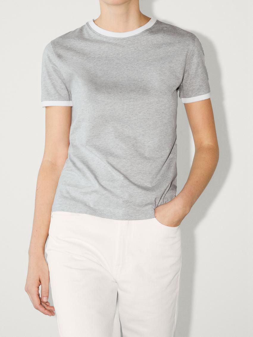 Massimo Dutti Short Sleeve Contrast Women T-Shirt Grey | US-BY8416379
