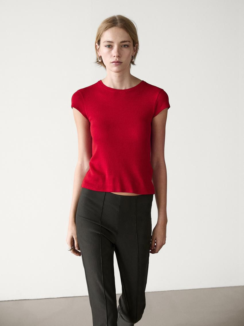 Massimo Dutti Short Sleeve Cottom Blend Women T-Shirt Red | US-DL9456302