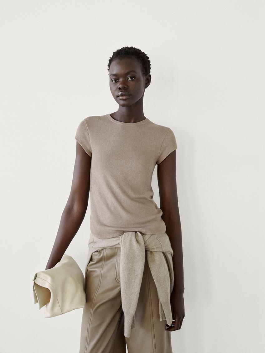 Massimo Dutti Short Sleeve Cottom Blend Women T-Shirt Brown Beige | US-OP7196083