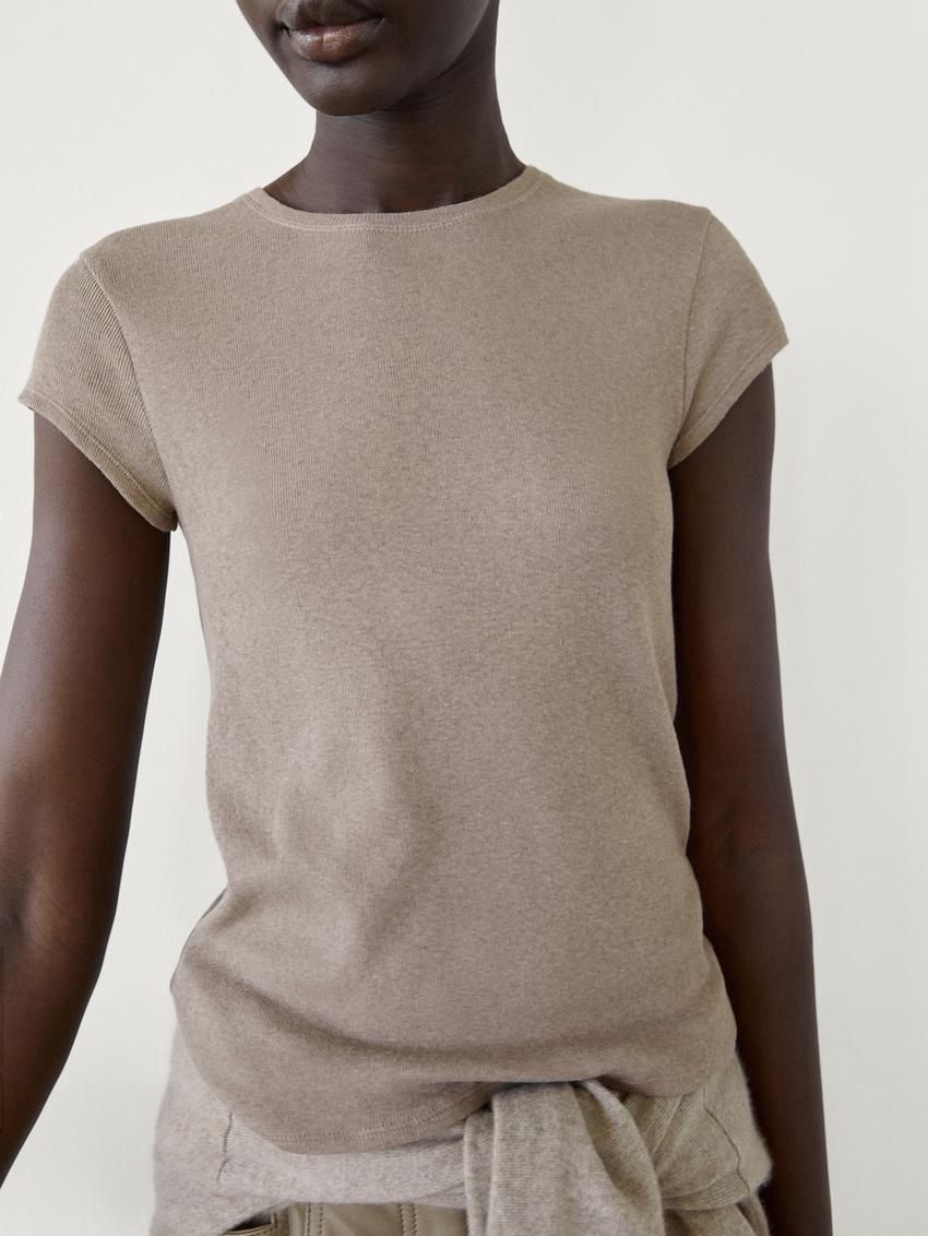 Massimo Dutti Short Sleeve Cottom Blend Women T-Shirt Brown Beige | US-OP7196083