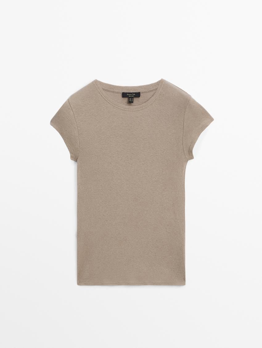 Massimo Dutti Short Sleeve Cottom Blend Women T-Shirt Brown Beige | US-OP7196083