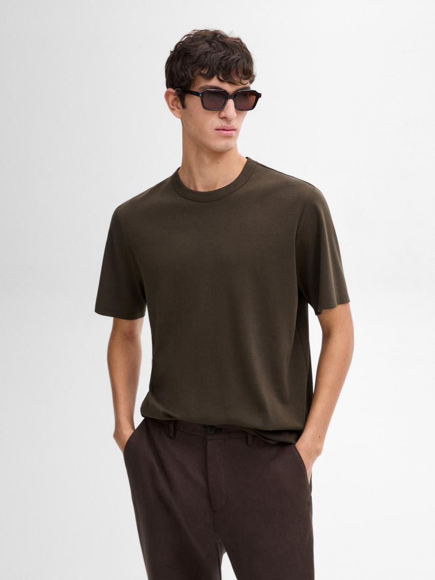 Massimo Dutti Short Sleeve Cotton Blend Men T-Shirt Dark Brown | US-ET2593168