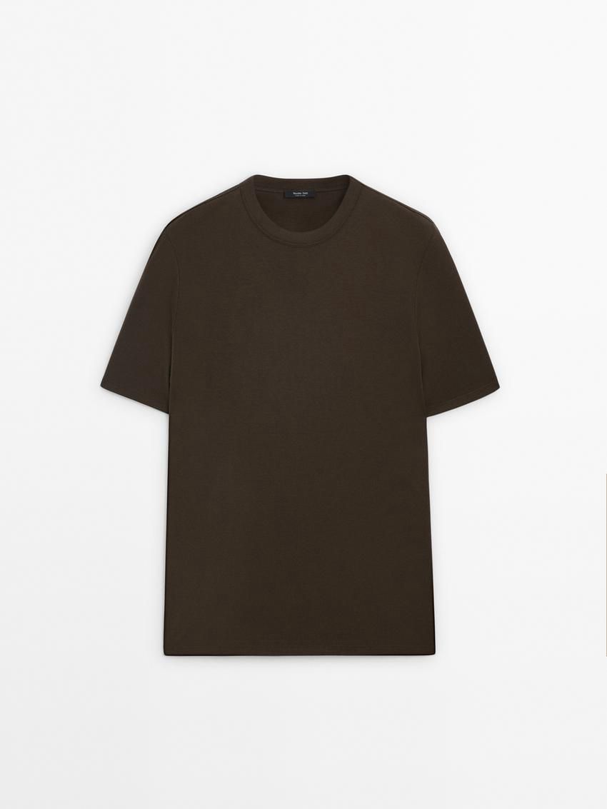 Massimo Dutti Short Sleeve Cotton Blend Men T-Shirt Dark Brown | US-ET2593168