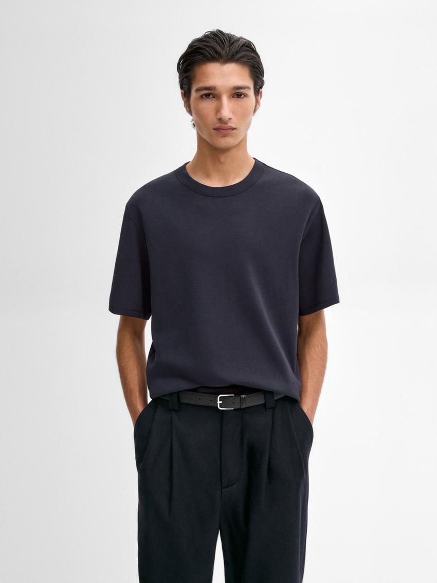 Massimo Dutti Short Sleeve Cotton Blend Men T-Shirt Navy | US-UO0189652
