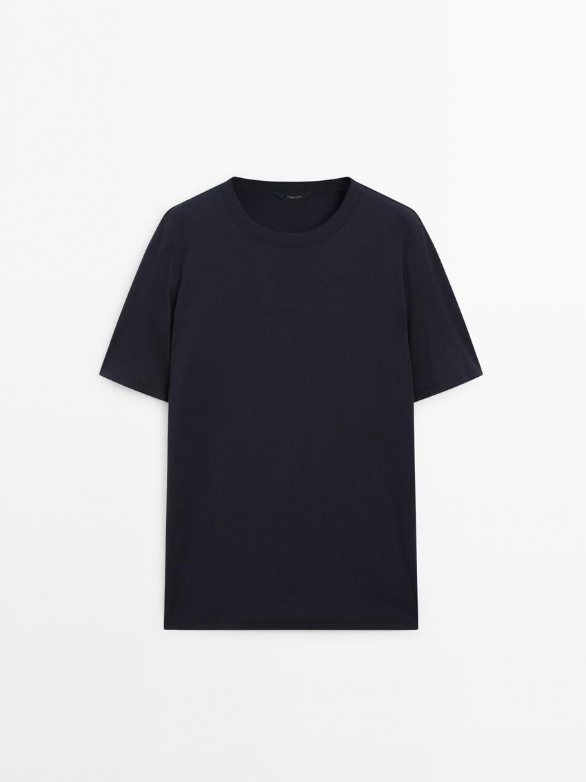 Massimo Dutti Short Sleeve Cotton Blend Men T-Shirt Navy | US-UO0189652