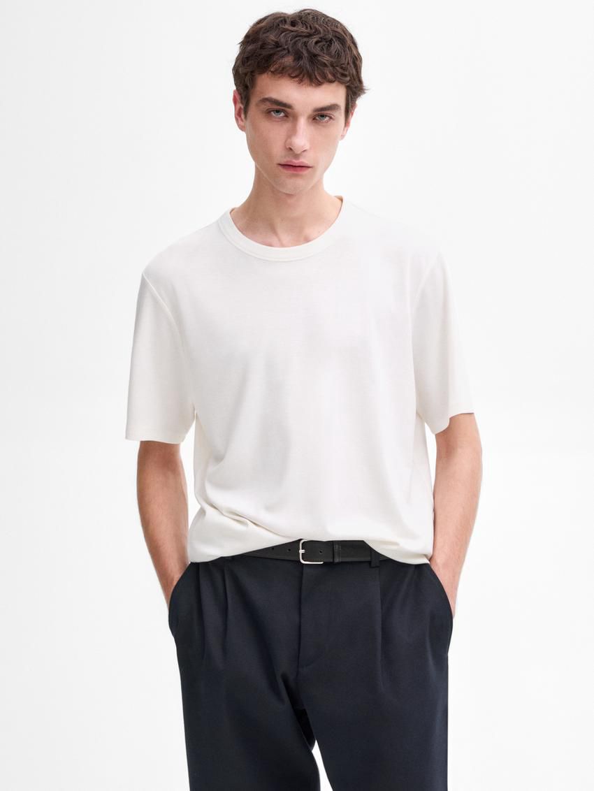 Massimo Dutti Short Sleeve Cotton Blend Men T-Shirt Cream | US-EG7039641