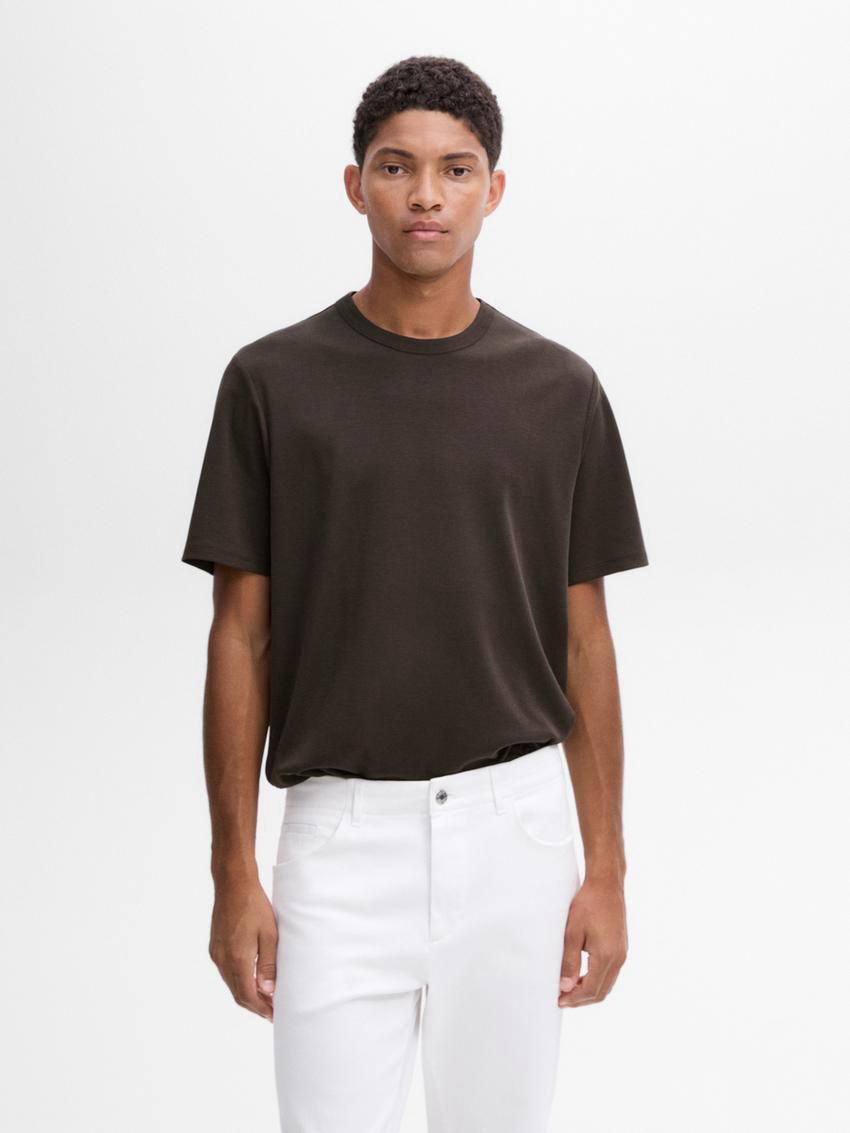 Massimo Dutti Short Sleeve Cotton Blend Men T-Shirt Dark Grey | US-UW0684951