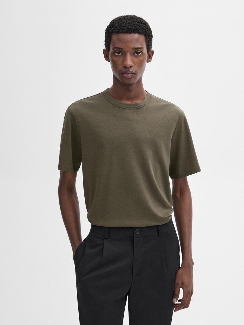 Massimo Dutti Short Sleeve Cotton Blend Men T-Shirt Khaki | US-XO4192763