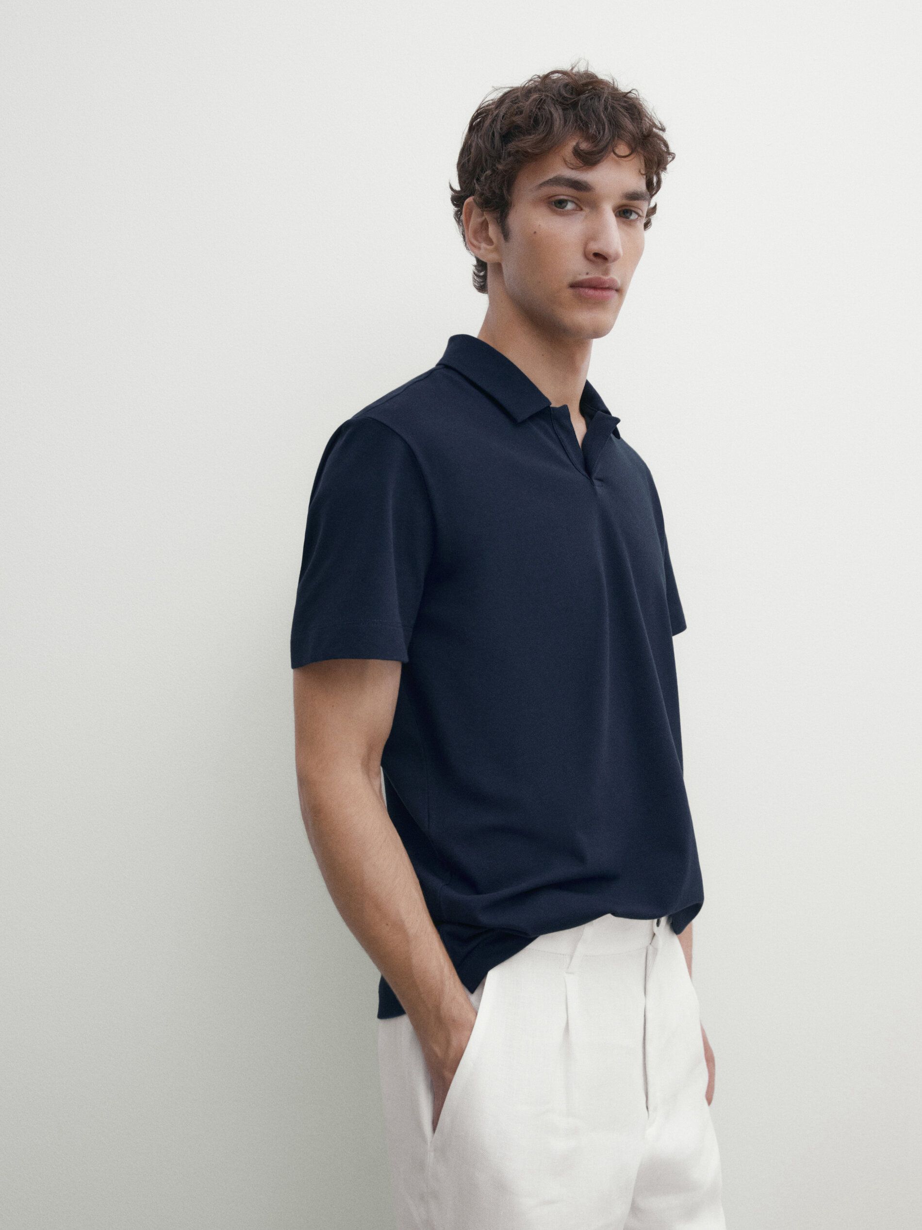 Massimo Dutti Short Sleeve Cotton Blend Men Polo Shirt Indigo | US-FN0817543