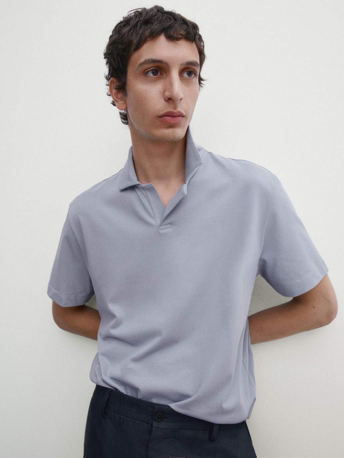 Massimo Dutti Short Sleeve Cotton Blend Men Polo Shirt Light Blue | US-ME9647813