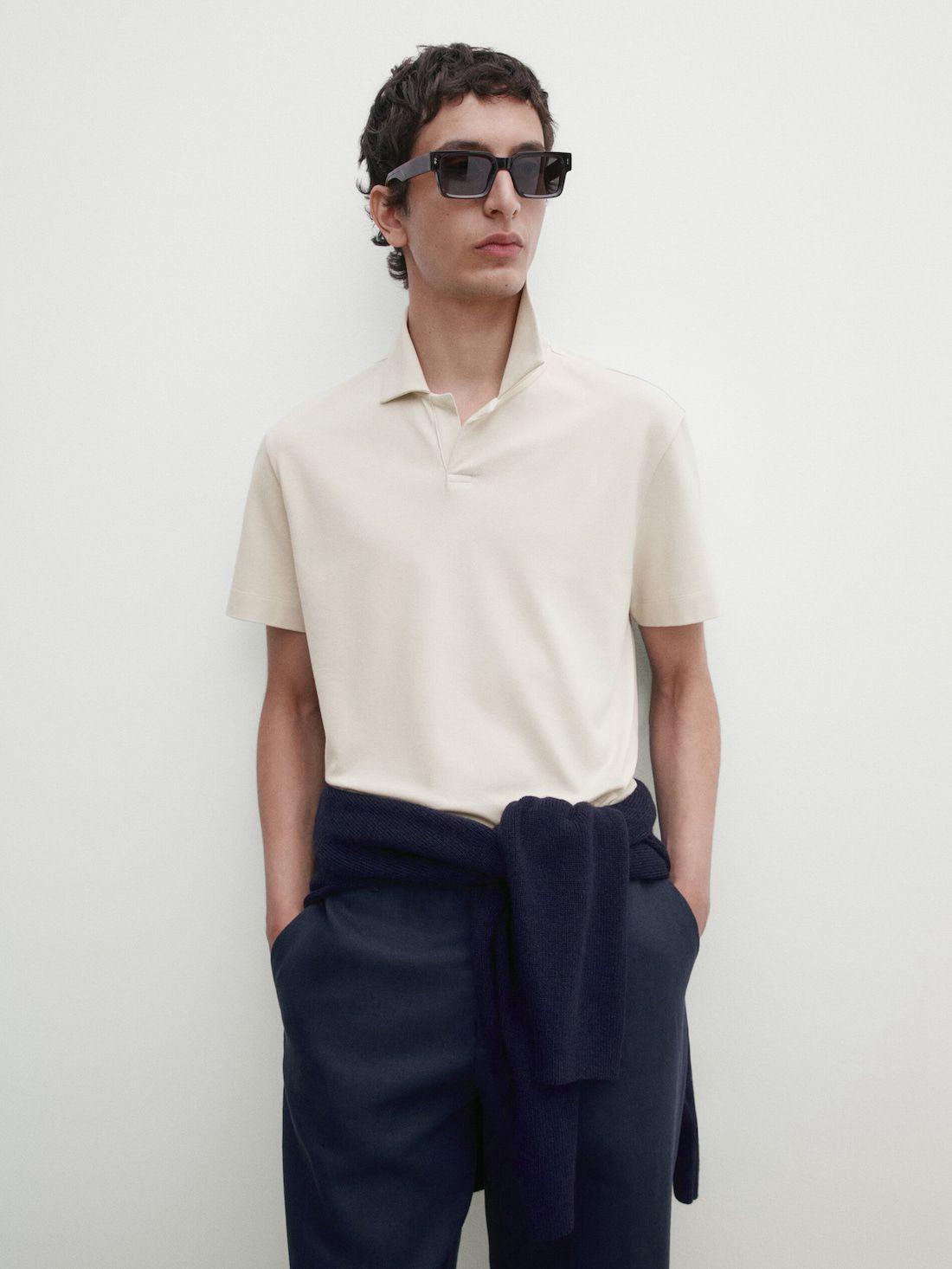 Massimo Dutti Short Sleeve Cotton Blend Men Polo Shirt Cream | US-KY6054812
