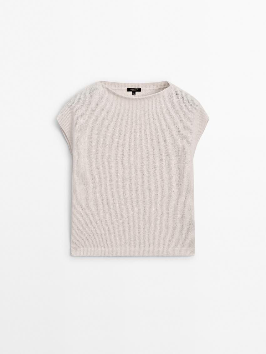 Massimo Dutti Short Sleeve Cotton Blend Women T-Shirt Cream | US-OS5840169