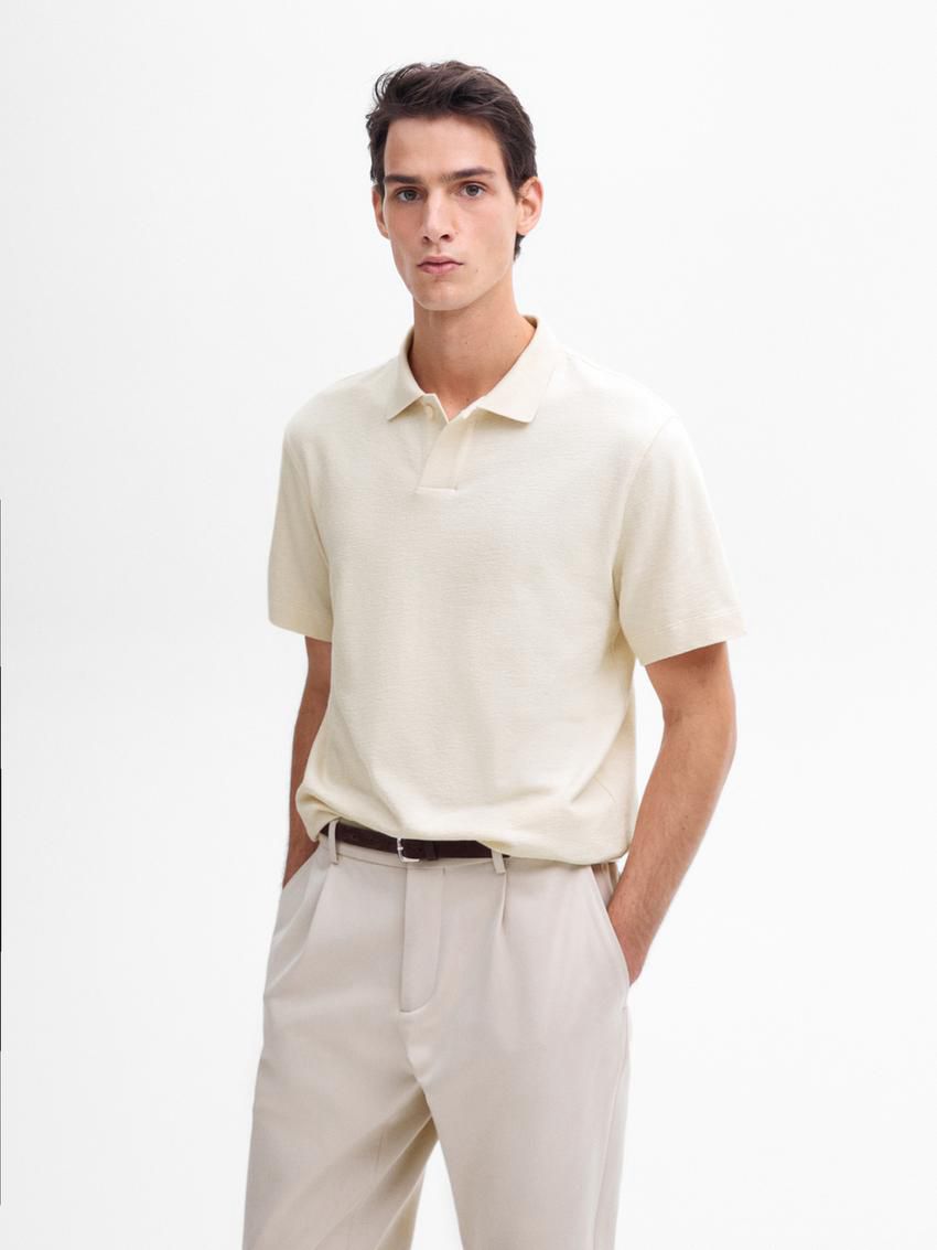 Massimo Dutti Short Sleeve Cotton Men Polo Shirt Cream | US-MV3250986