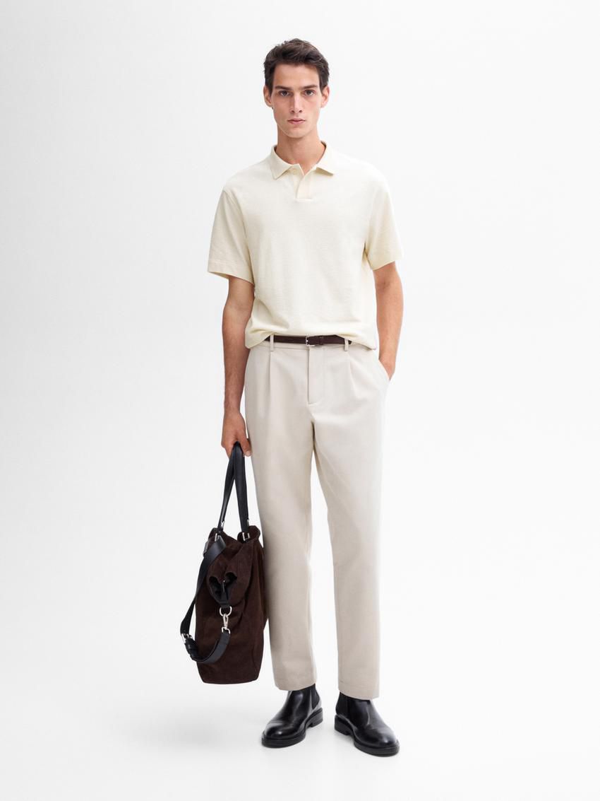 Massimo Dutti Short Sleeve Cotton Men Polo Shirt Cream | US-MV3250986