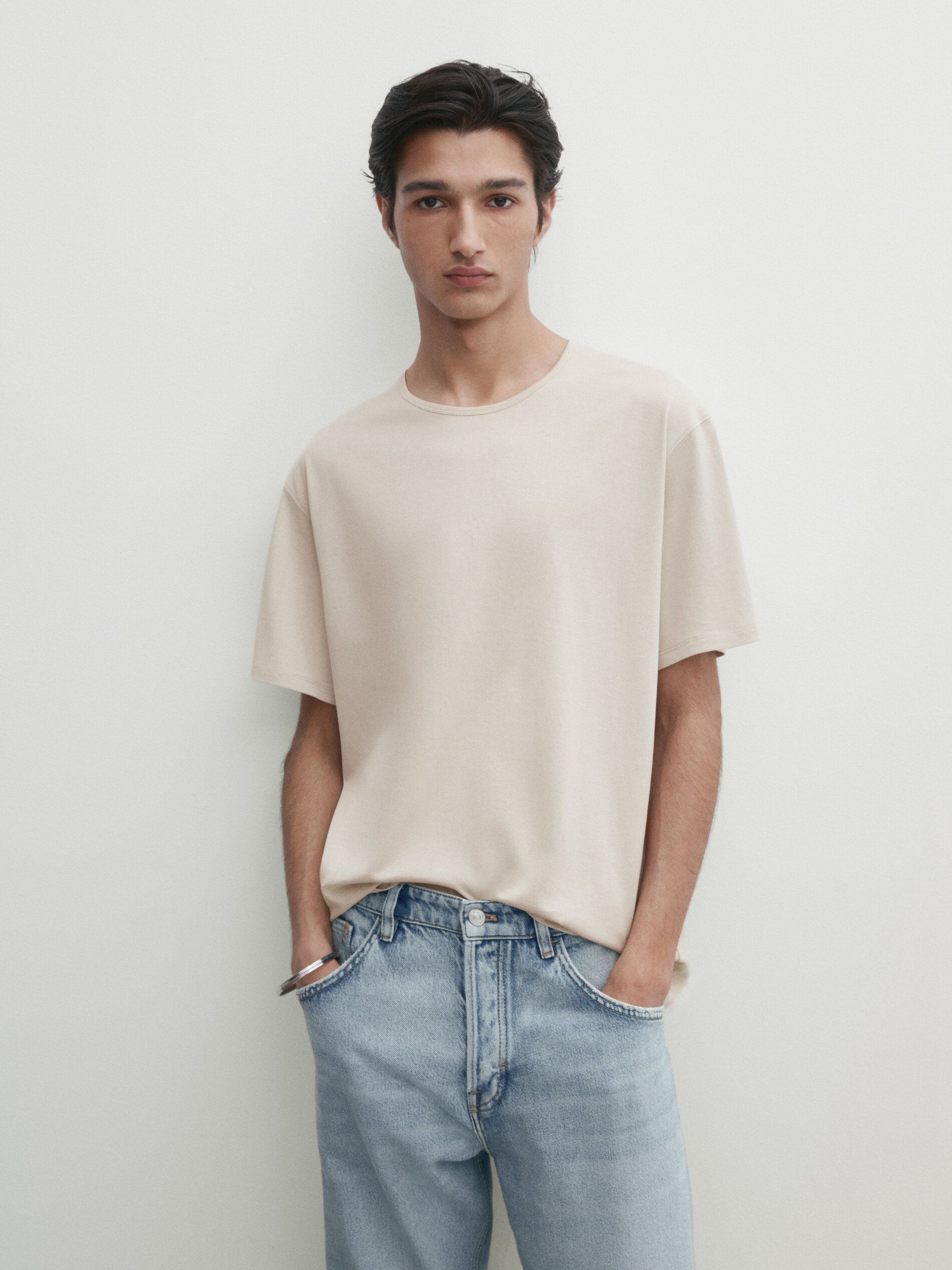 Massimo Dutti Short Sleeve Cotton Men T-Shirt Beige | US-SQ7190258