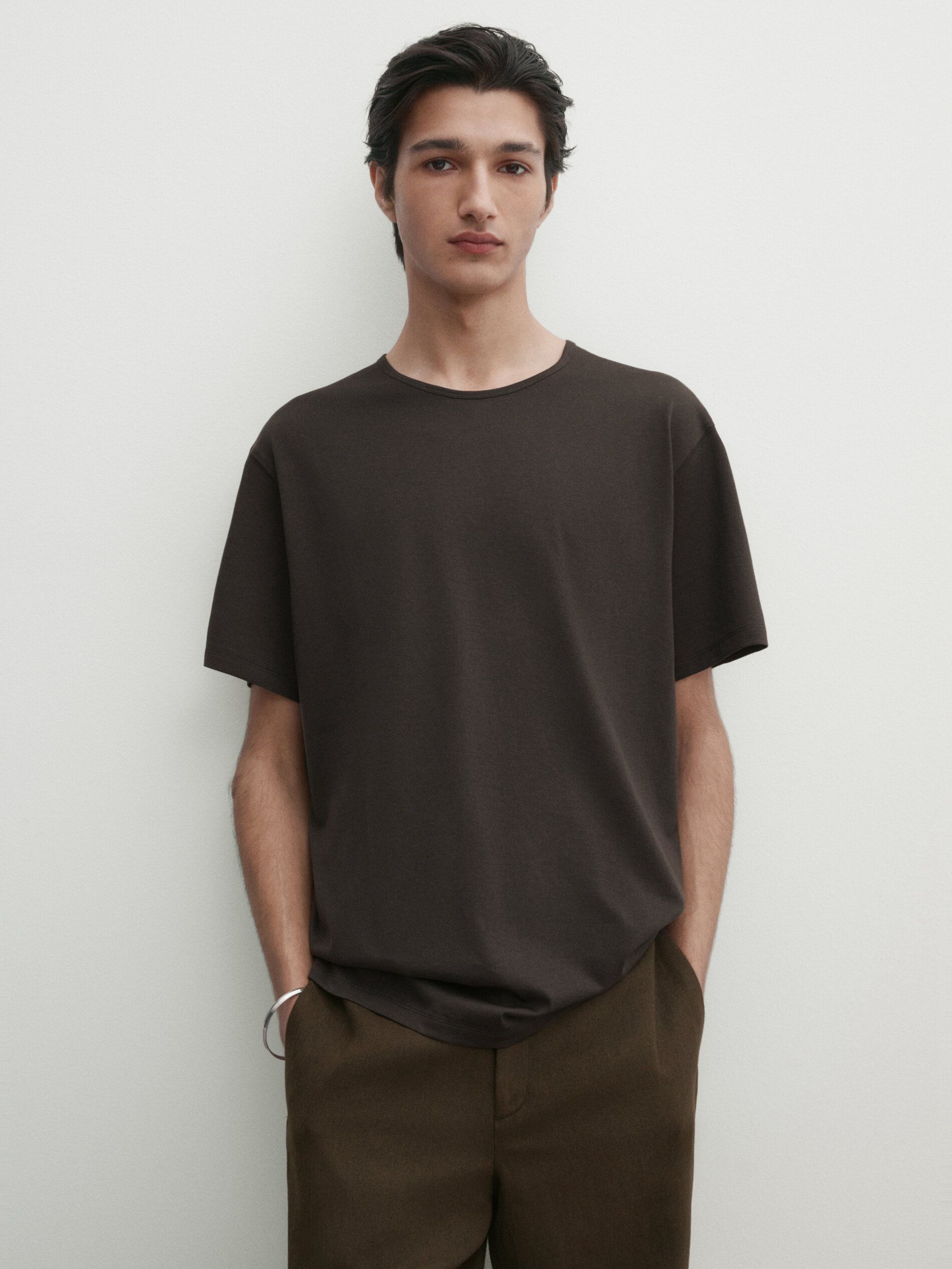 Massimo Dutti Short Sleeve Cotton Men T-Shirt Dark Grey | US-MH7508249