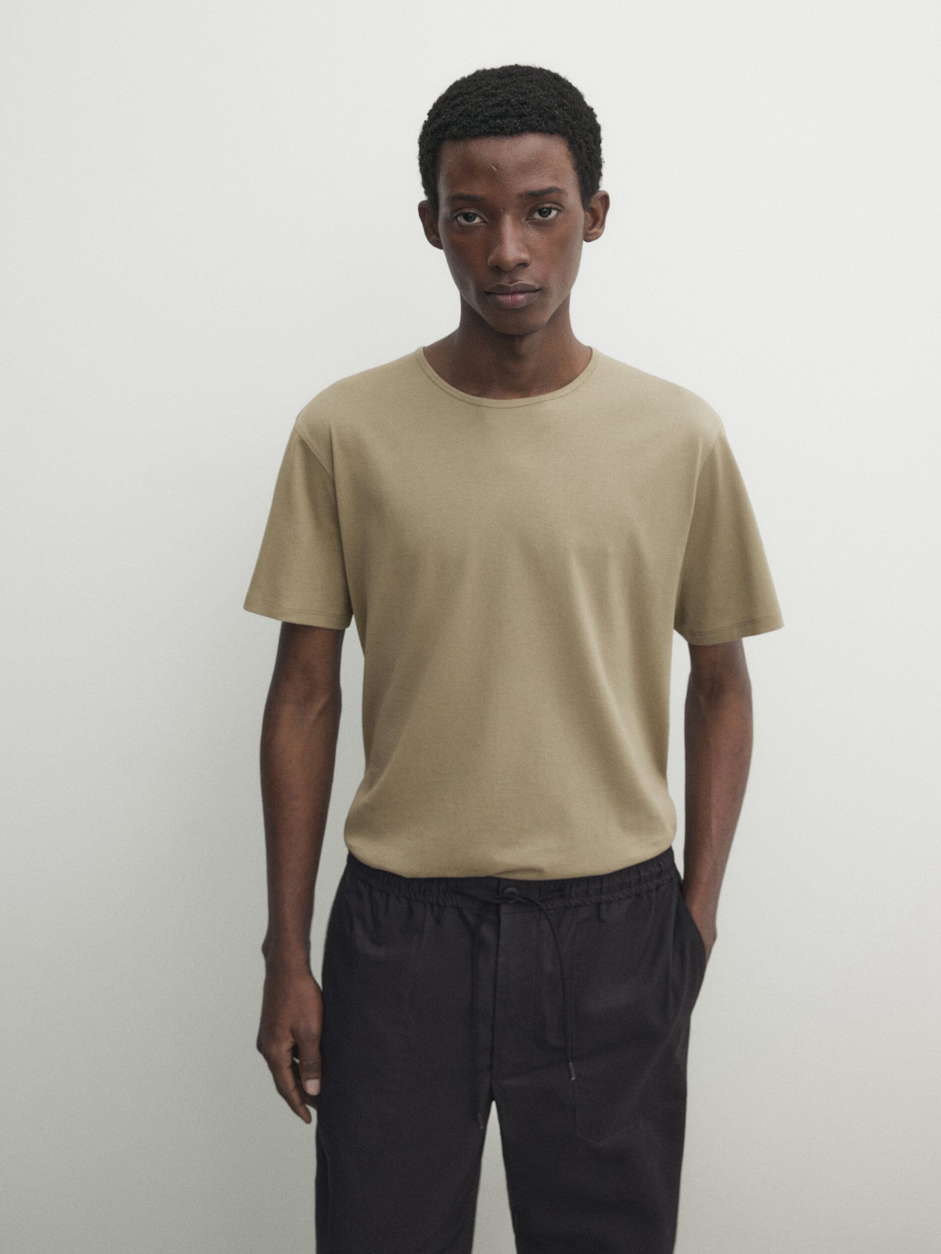Massimo Dutti Short Sleeve Cotton Men T-Shirt Khaki | US-WC0654837