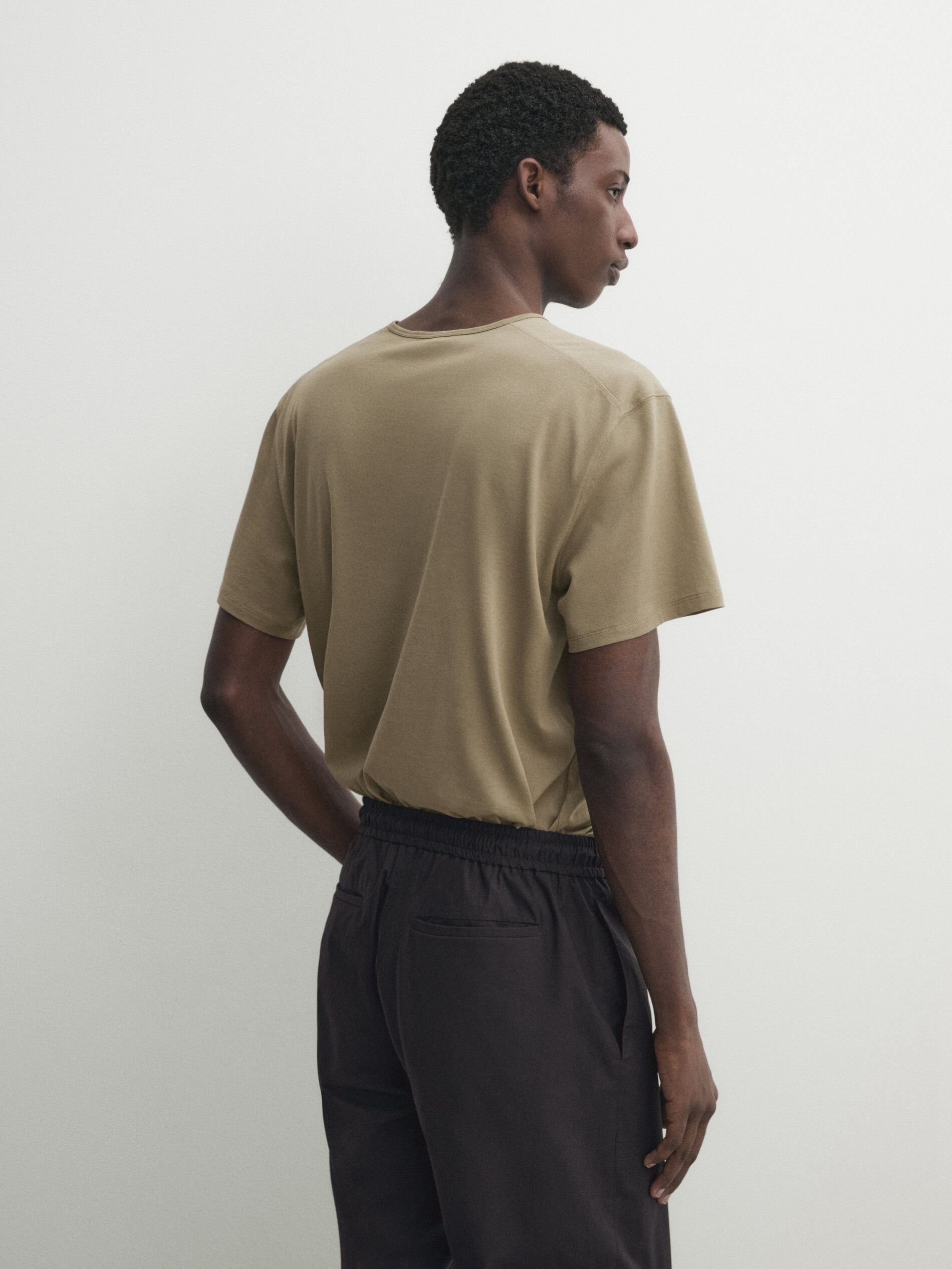Massimo Dutti Short Sleeve Cotton Men T-Shirt Khaki | US-WC0654837