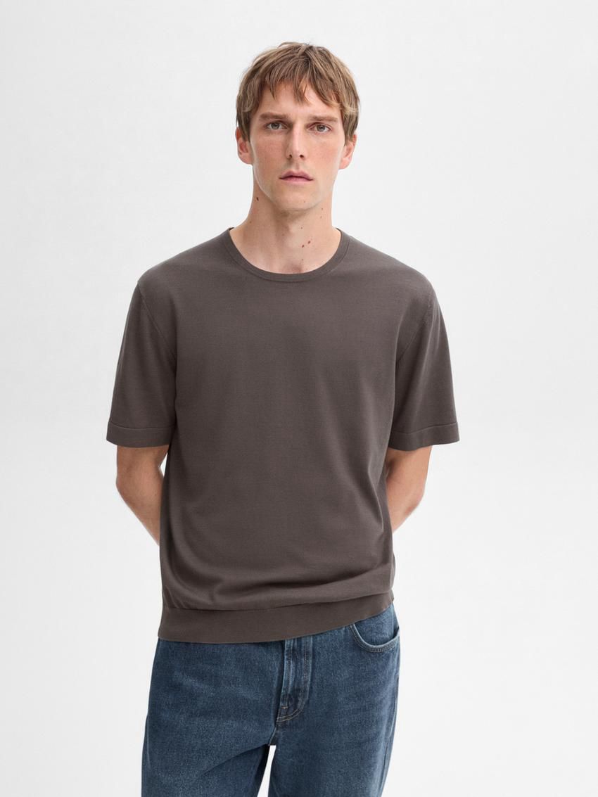Massimo Dutti Short Sleeve Cotton Men T-Shirt Dark Brown | US-SE8019673