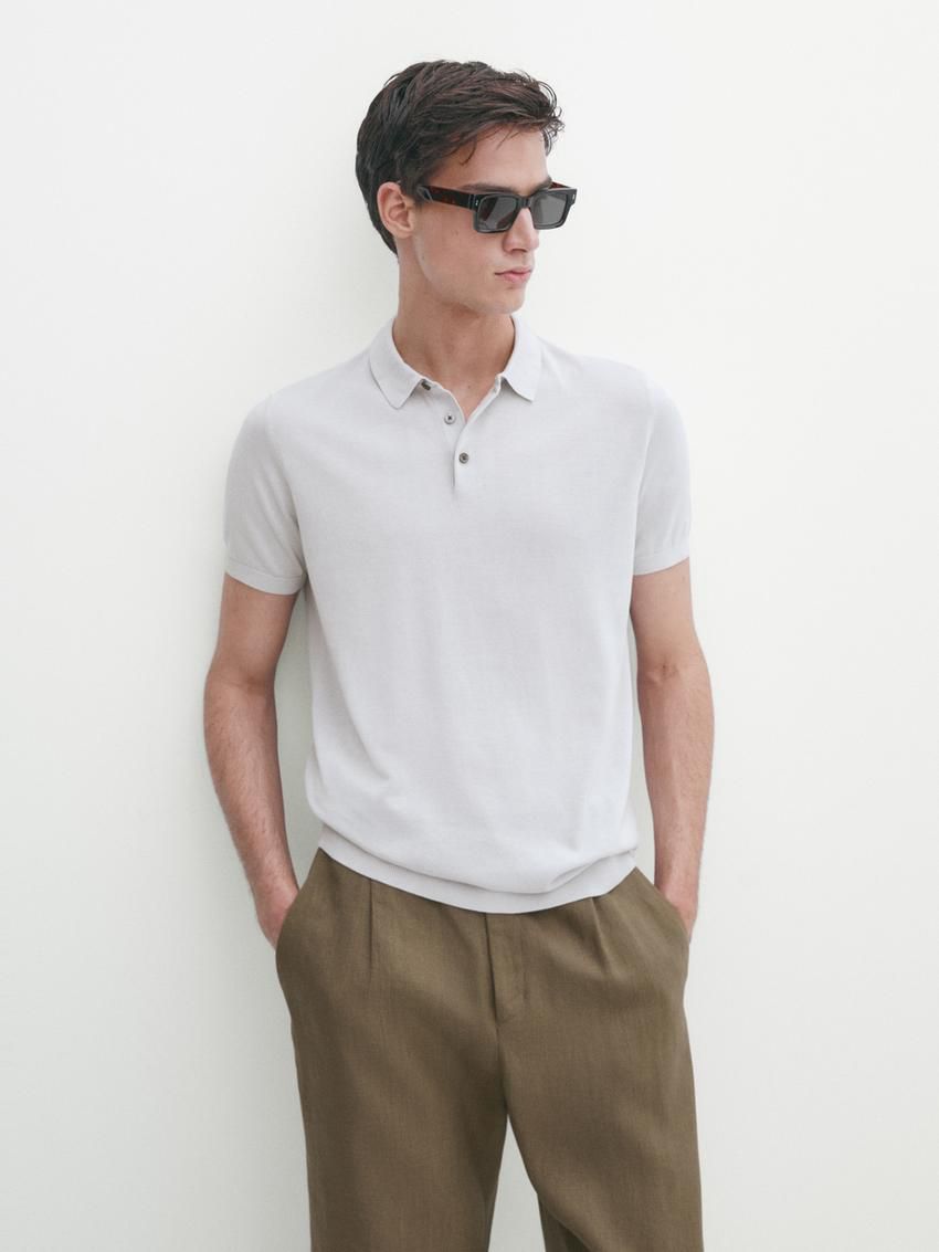 Massimo Dutti Short Sleeve Cotton Polo Sweater Men Polo Shirt Light Grey | US-ZM6570493