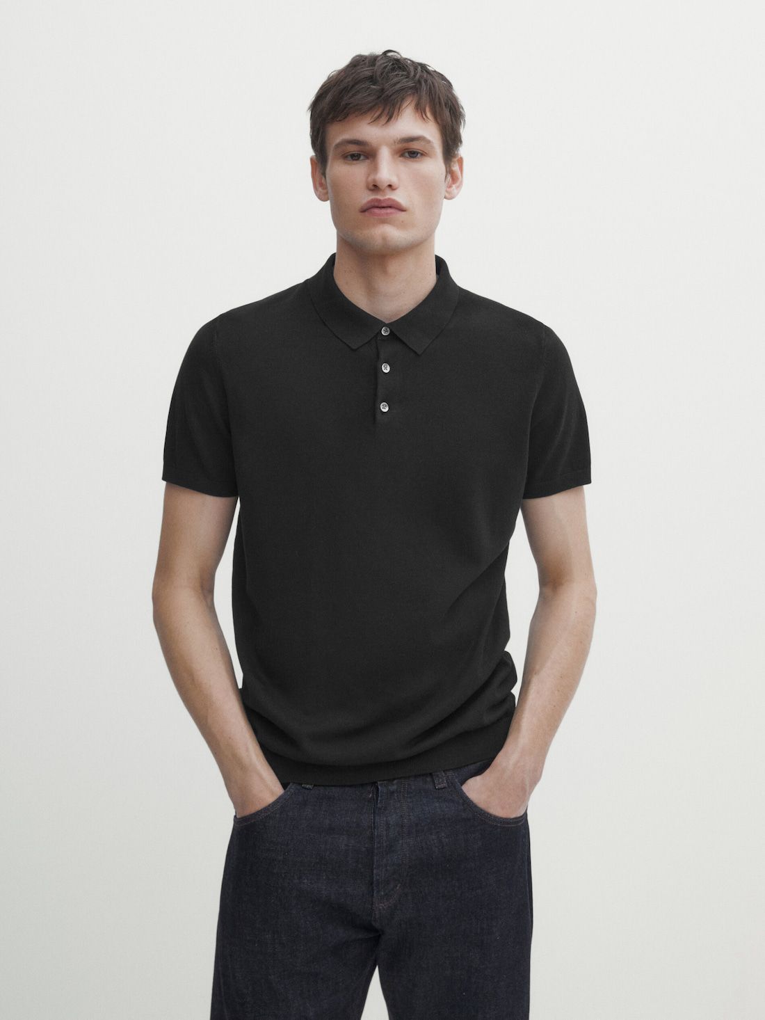Massimo Dutti Short Sleeve Cotton Sweater Men Polo Shirt Black | US-GU0624598