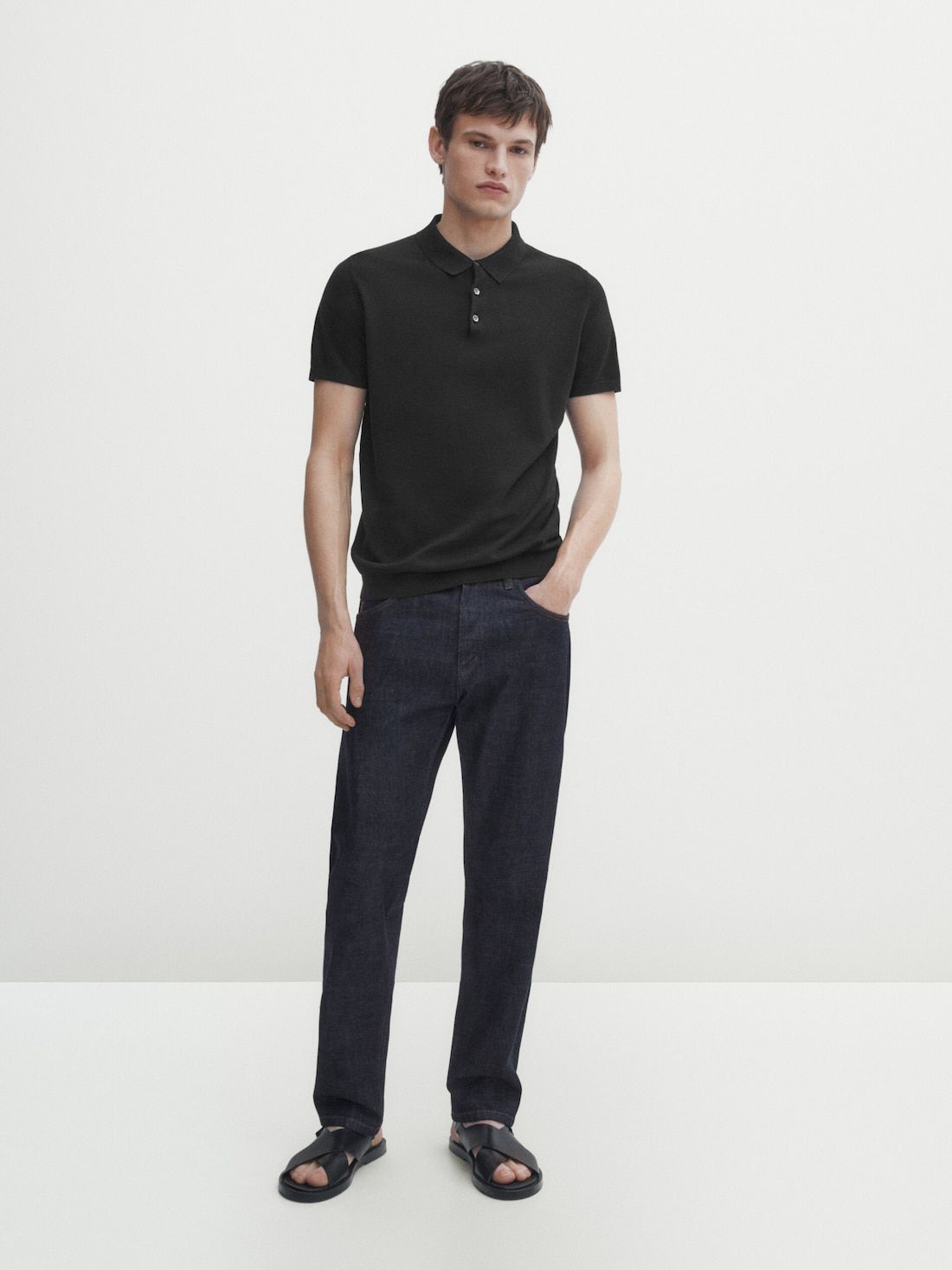 Massimo Dutti Short Sleeve Cotton Sweater Men Polo Shirt Black | US-GU0624598