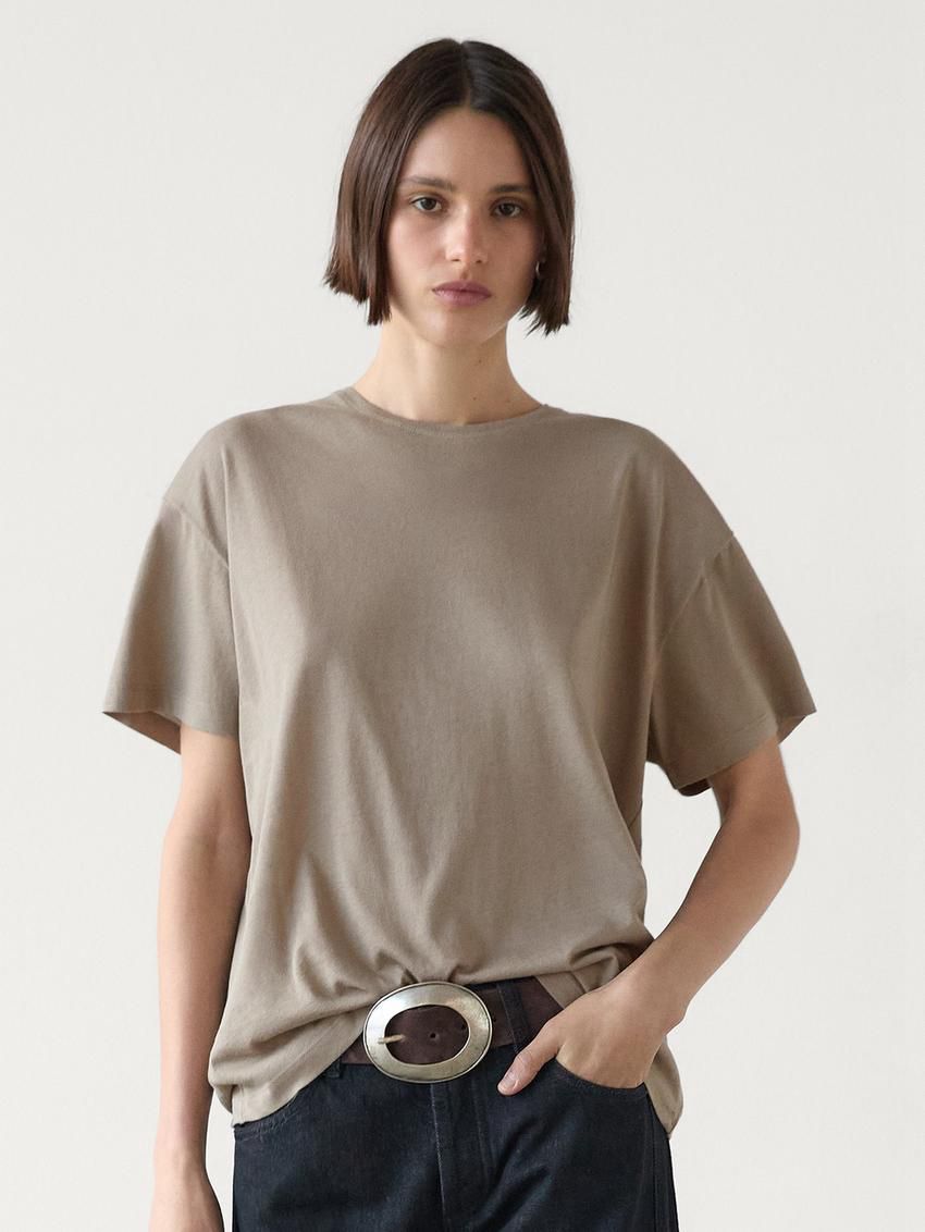 Massimo Dutti Short Sleeve Cotton Women T-Shirt Brown Beige | US-EA3587649