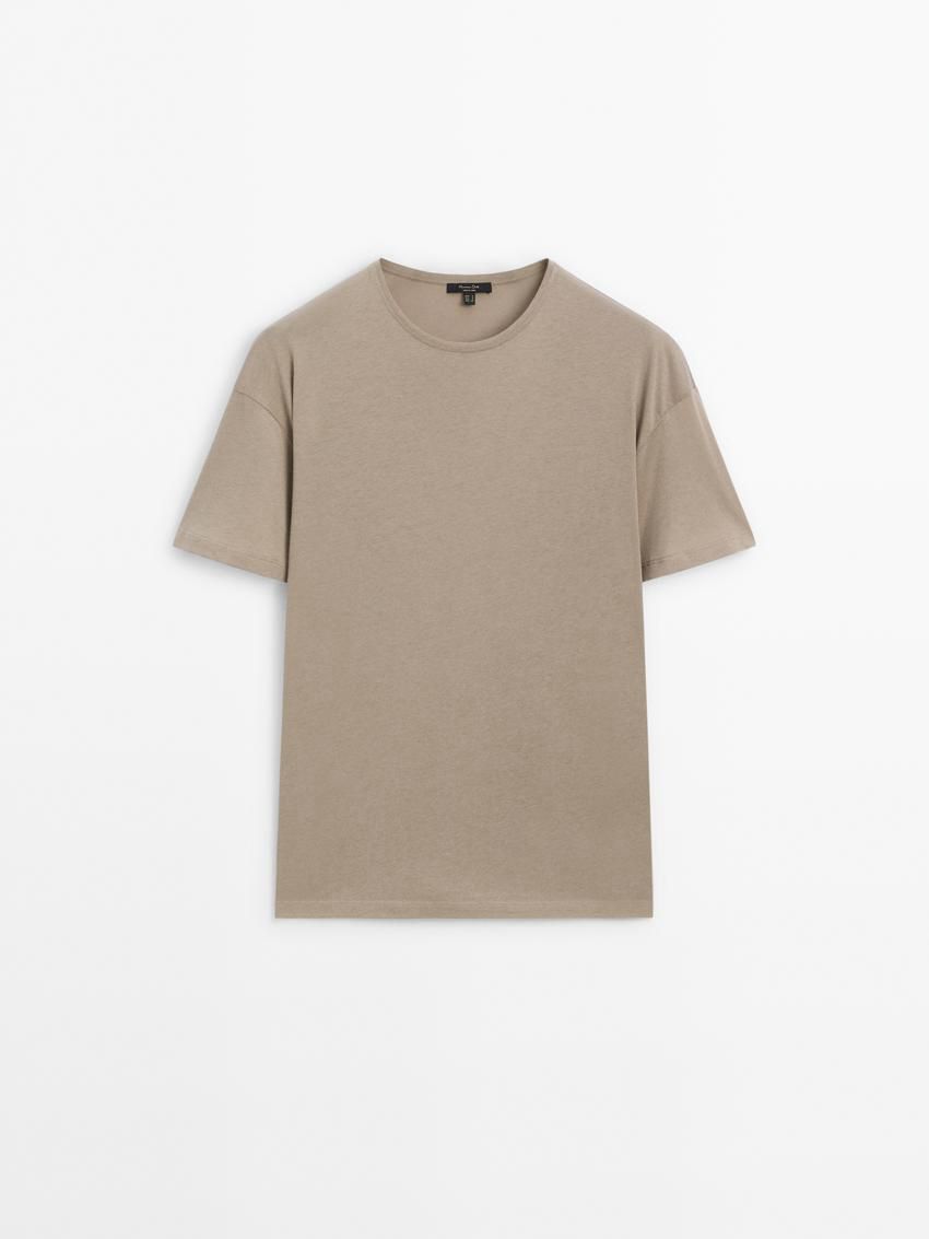 Massimo Dutti Short Sleeve Cotton Women T-Shirt Brown Beige | US-EA3587649