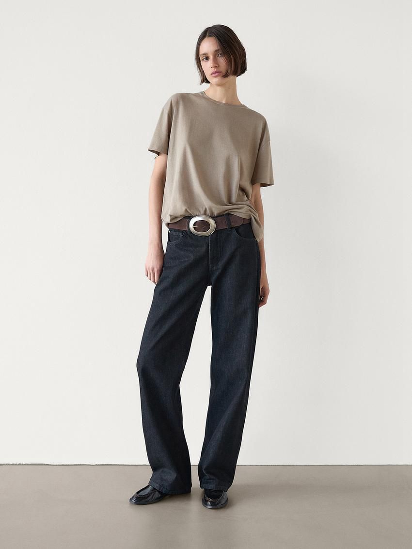 Massimo Dutti Short Sleeve Cotton Women T-Shirt Brown Beige | US-EA3587649