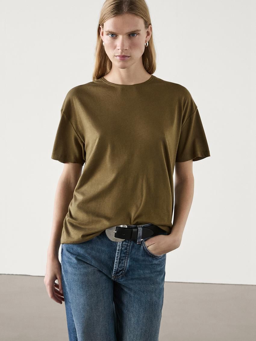 Massimo Dutti Short Sleeve Cotton Women T-Shirt Dark Khaki | US-OT9068435