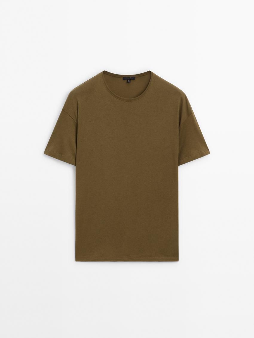 Massimo Dutti Short Sleeve Cotton Women T-Shirt Dark Khaki | US-OT9068435