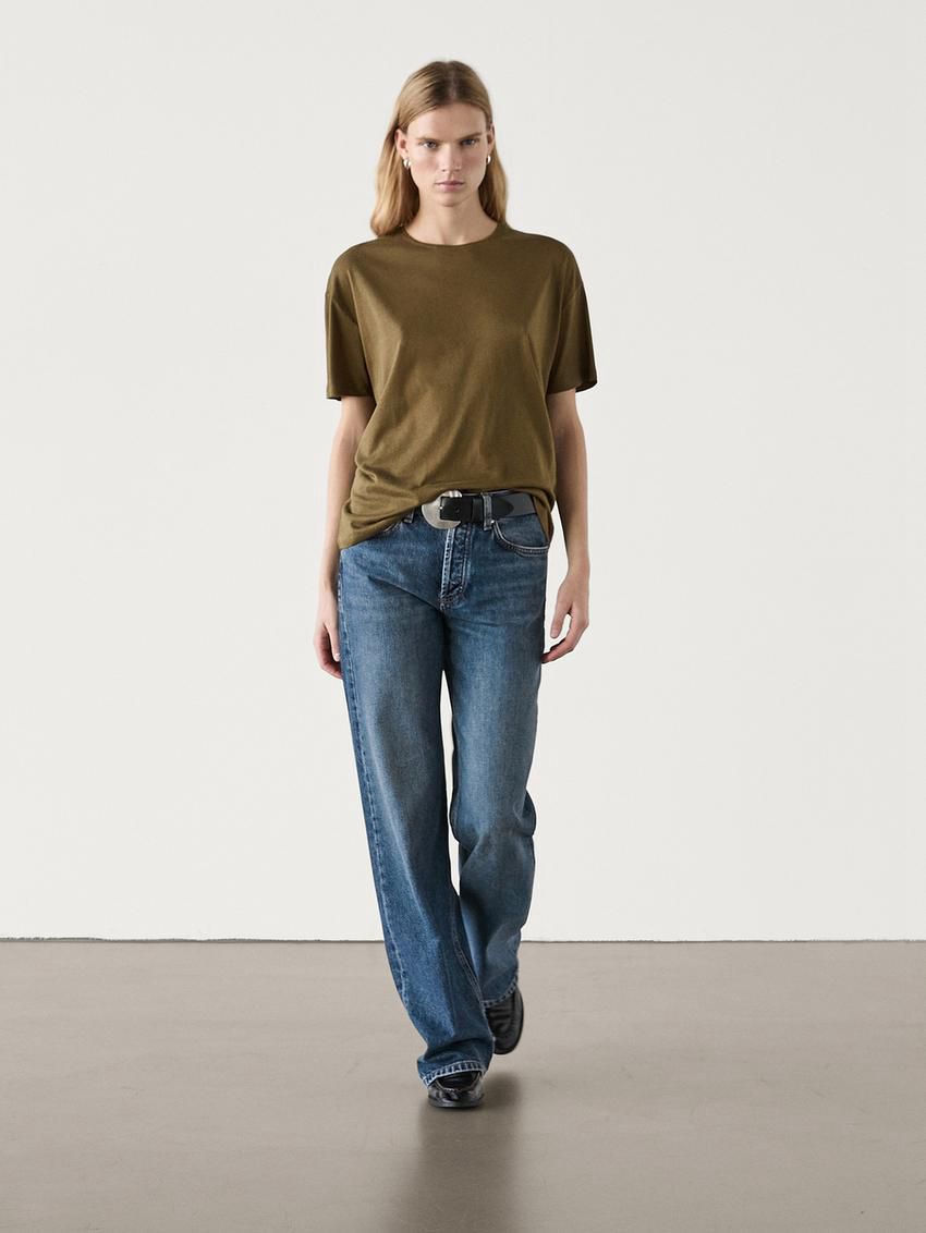 Massimo Dutti Short Sleeve Cotton Women T-Shirt Dark Khaki | US-OT9068435