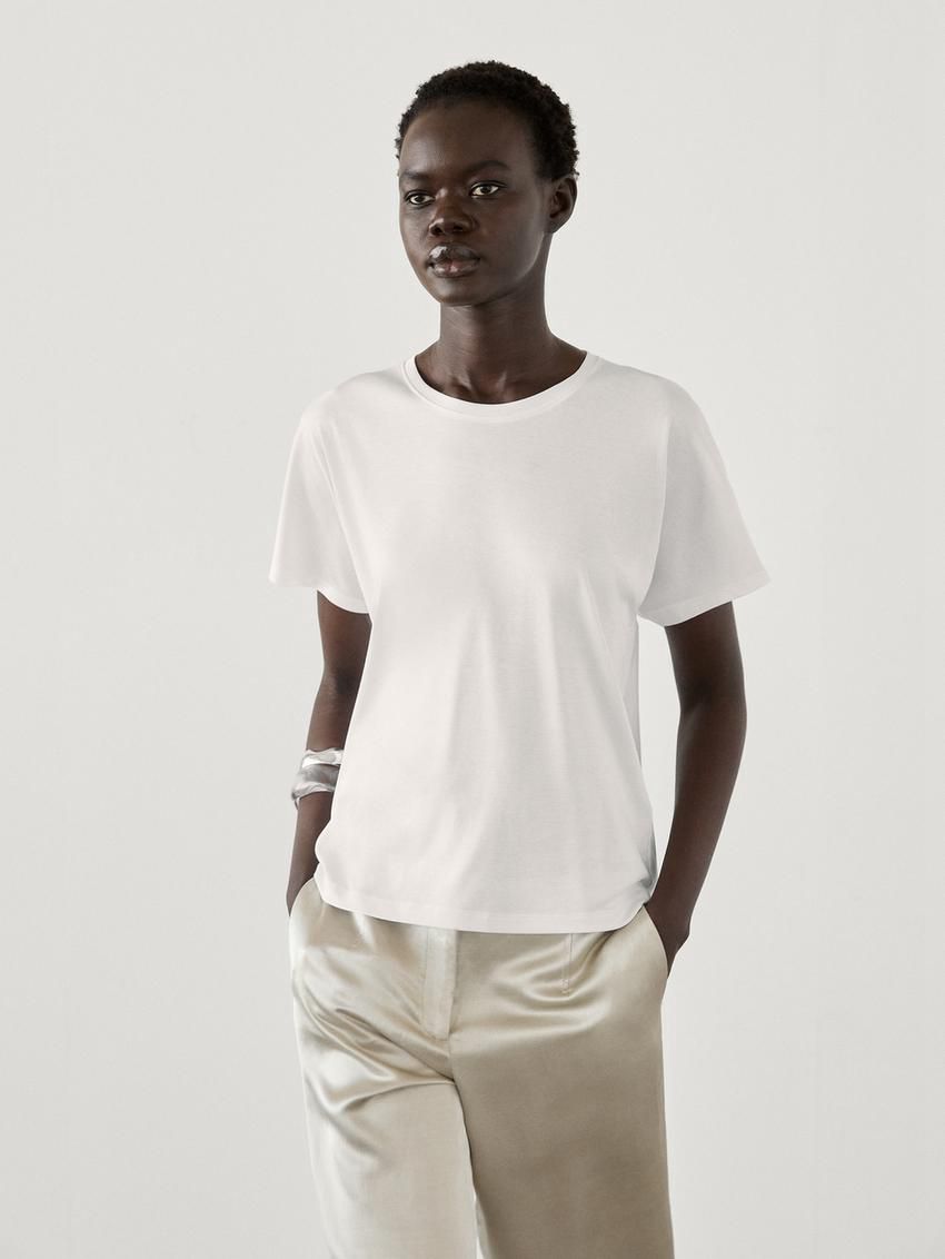 Massimo Dutti Short Sleeve Cotton Women T-Shirt White | US-RZ6132459