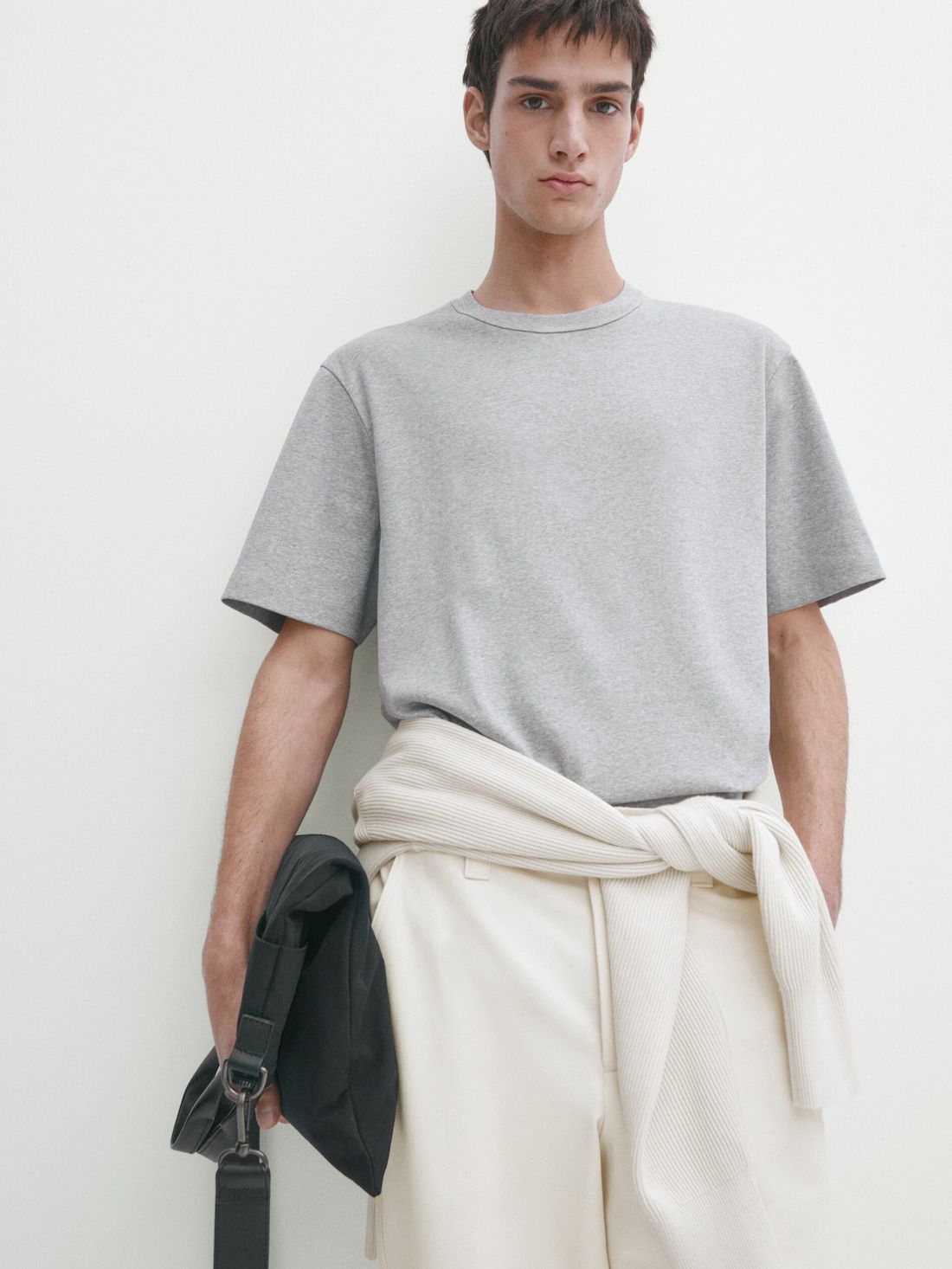 Massimo Dutti Short Sleeve Cotton - Studio Men T-Shirt Grey | US-ME9342605