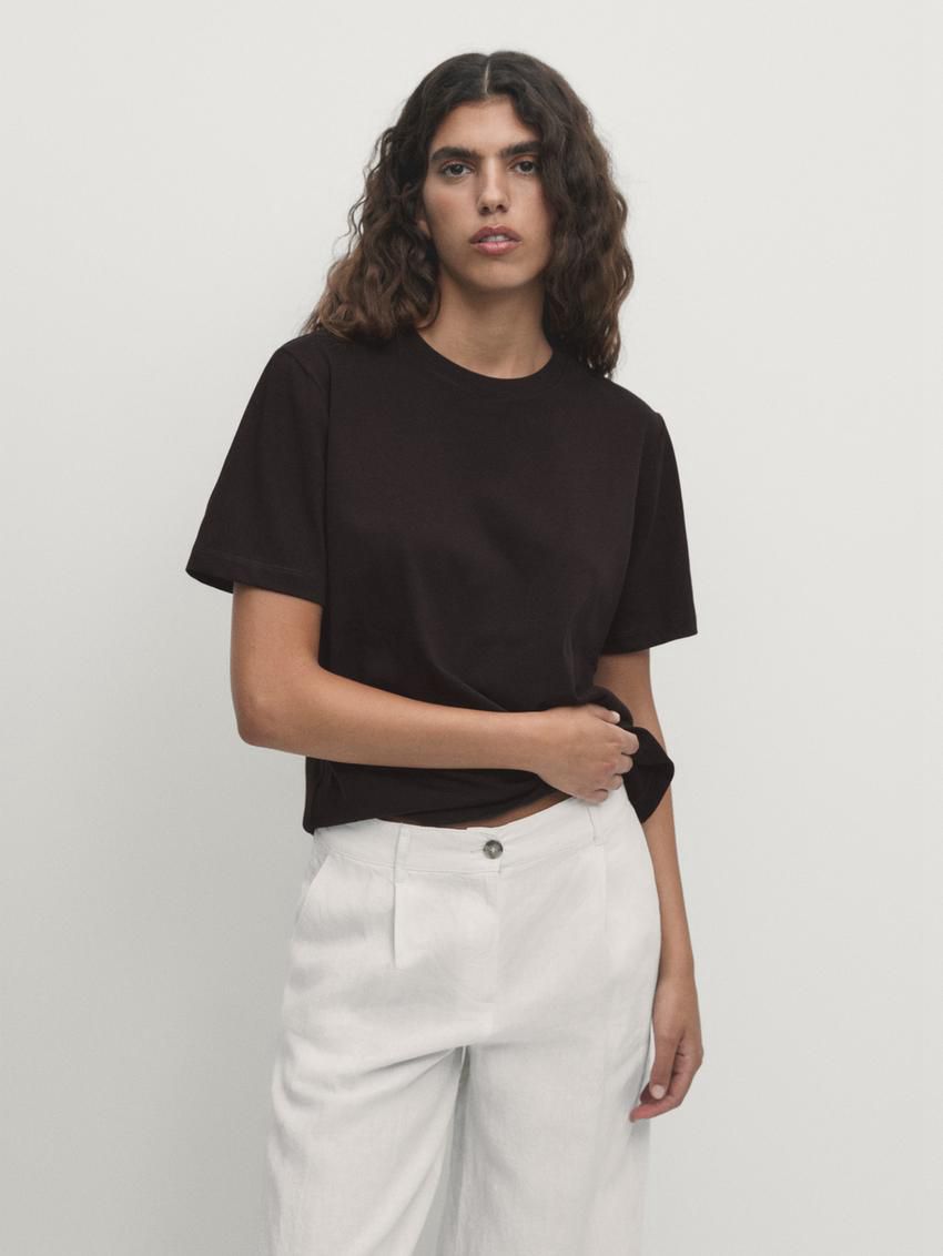 Massimo Dutti Short Sleeve Cropped Women T-Shirt Dark Brown | US-UK7621894