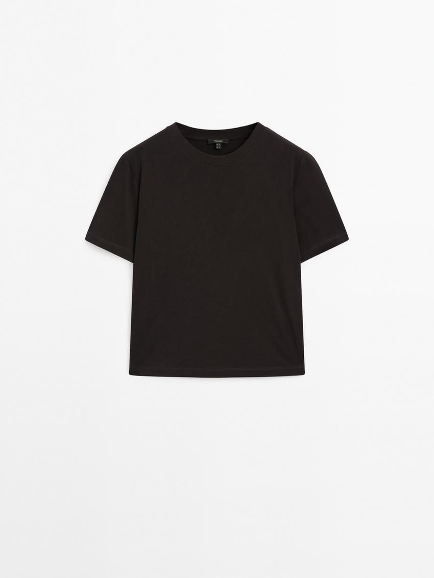 Massimo Dutti Short Sleeve Cropped Women T-Shirt Dark Brown | US-UK7621894