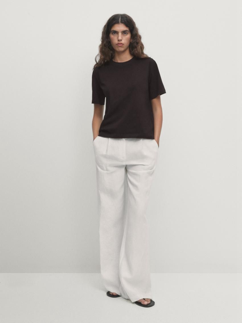 Massimo Dutti Short Sleeve Cropped Women T-Shirt Dark Brown | US-UK7621894