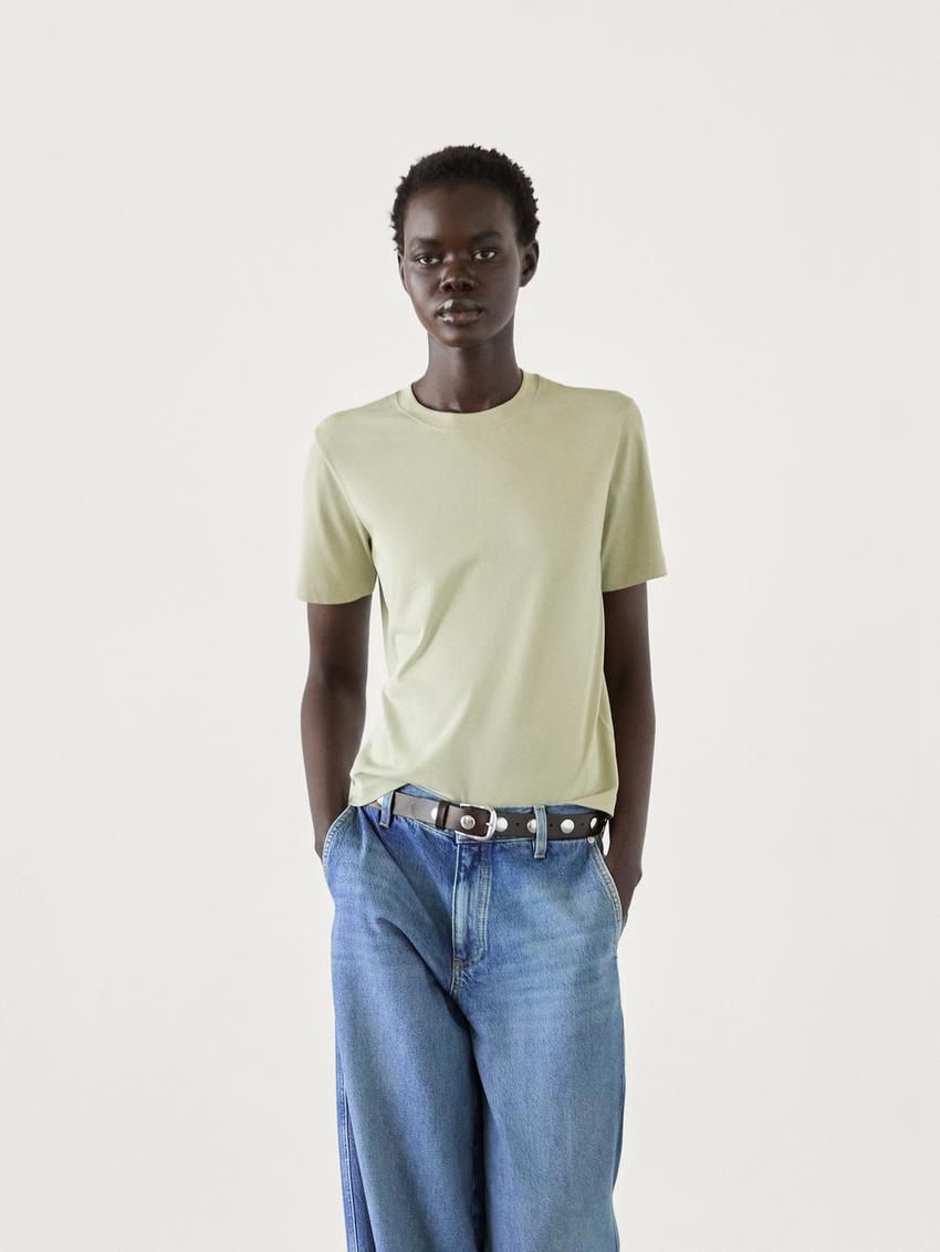Massimo Dutti Short Sleeve Cropped Women T-Shirt Green | US-DW9067453