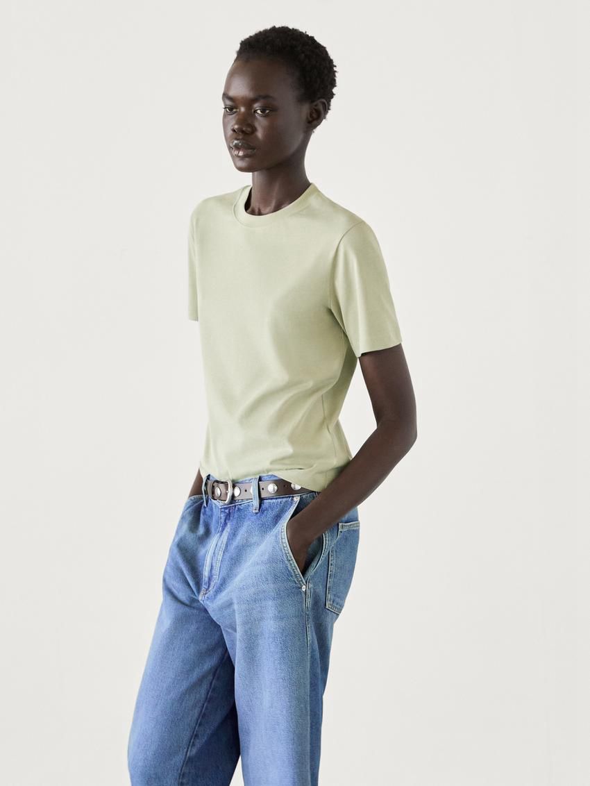 Massimo Dutti Short Sleeve Cropped Women T-Shirt Green | US-DW9067453