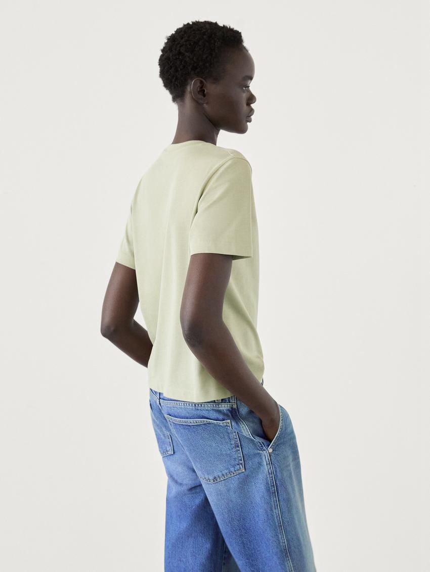 Massimo Dutti Short Sleeve Cropped Women T-Shirt Green | US-DW9067453