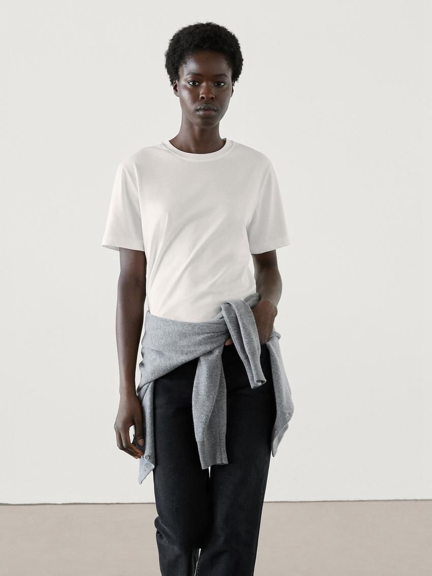 Massimo Dutti Short Sleeve Cropped Women T-Shirt White | US-EQ6450923