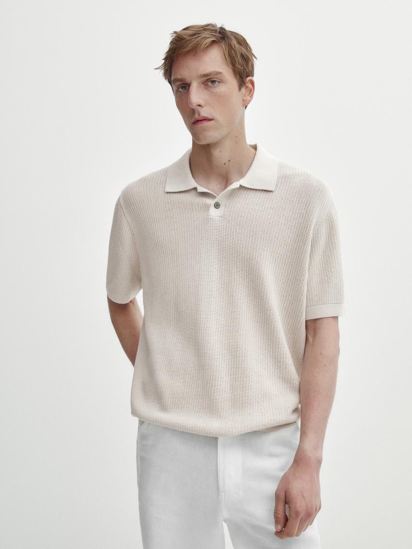 Massimo Dutti Short Sleeve Knit Men Polo Shirt Beige | US-VY4652907