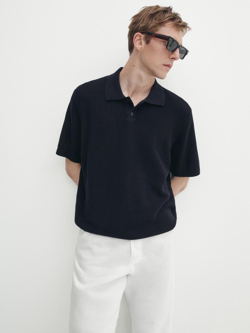 Massimo Dutti Short Sleeve Knit Men Polo Shirt Navy | US-YJ2509786