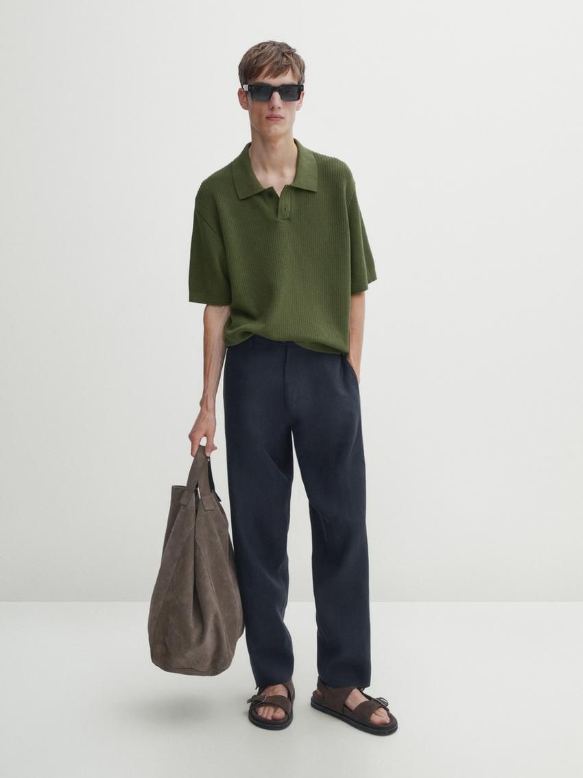 Massimo Dutti Short Sleeve Knit Men Polo Shirt Olive | US-NH1285374