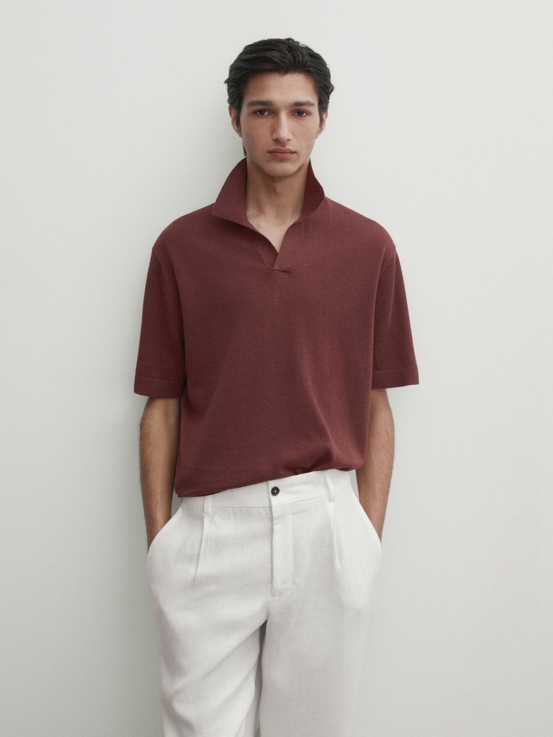 Massimo Dutti Short Sleeve Knit Men Polo Shirt Burgundy | US-YA6547802